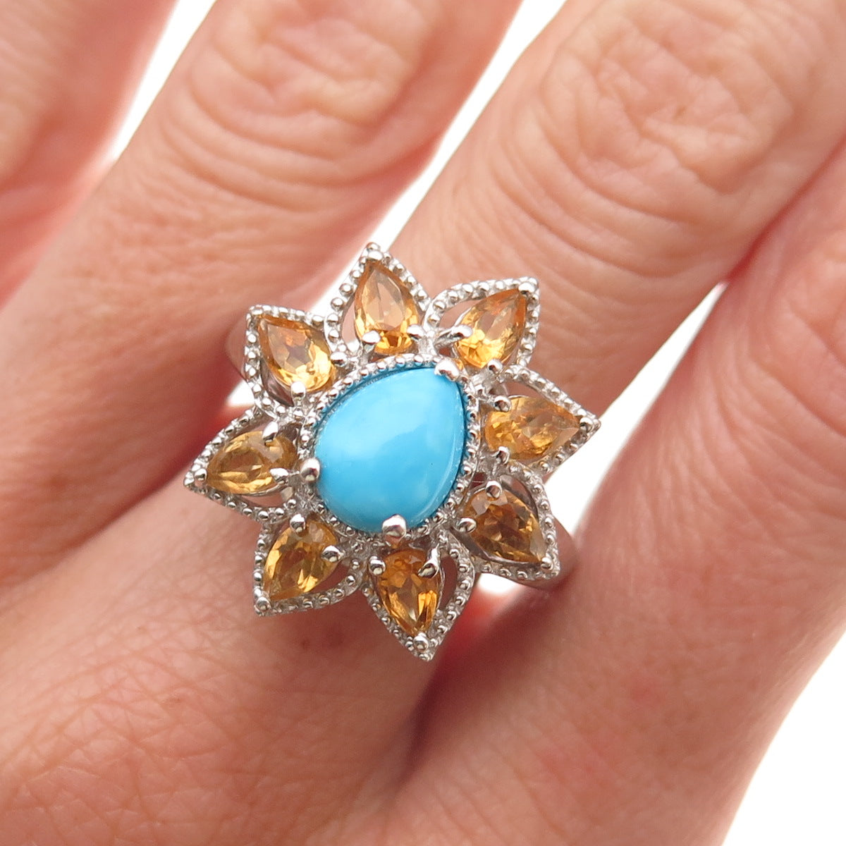 Chuck Clemency 925 Sterling Silver Real Turquoise Citrine Floral Ring Size 8.25