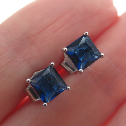 925 Sterling Silver Princess-Cut Dark Blue C Z Stud Earrings