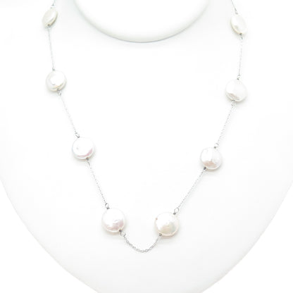 925 Sterling Silver Vintage Real Pearl Station Cable Chain Necklace 18"