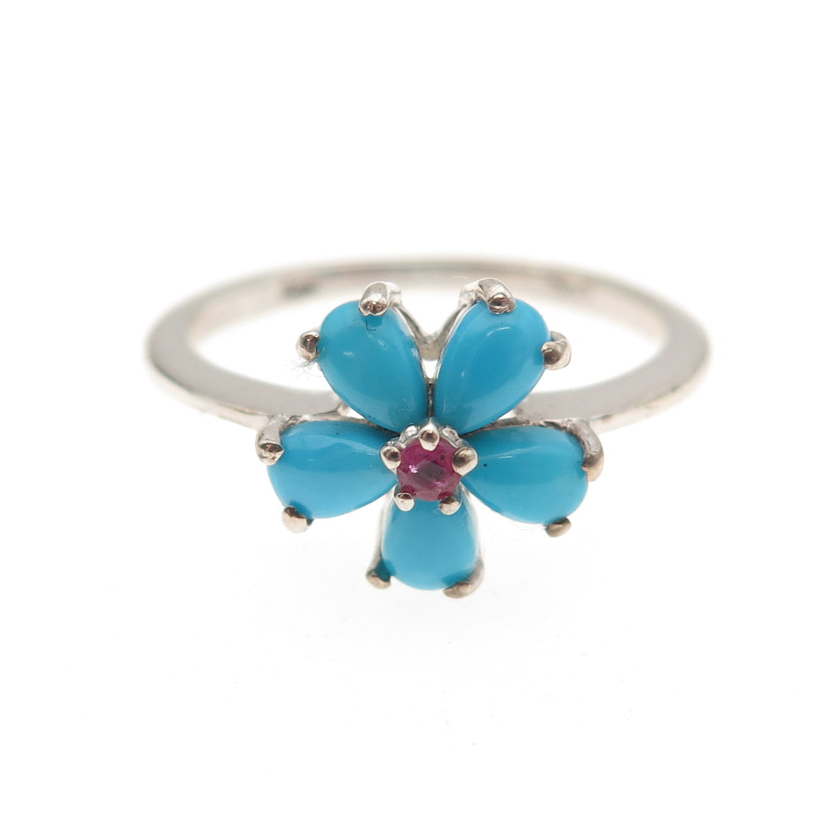 Chuck Clemency 925 Sterling Silver Real Turquoise & Ruby Flower Ring Size 8