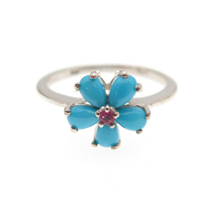 Chuck Clemency 925 Sterling Silver Real Turquoise & Ruby Flower Ring Size 8