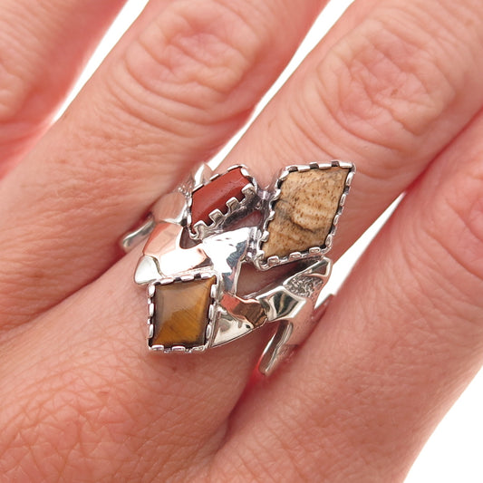 Carolyn Pollack Sterling Silver Vintage Jasper Coral & Tiger Eye Ring Size 8.25