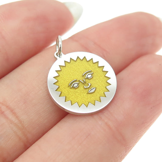 925 Sterling Silver Yellow Enamel Sun Face Emoji Minimalist Charm Pendant