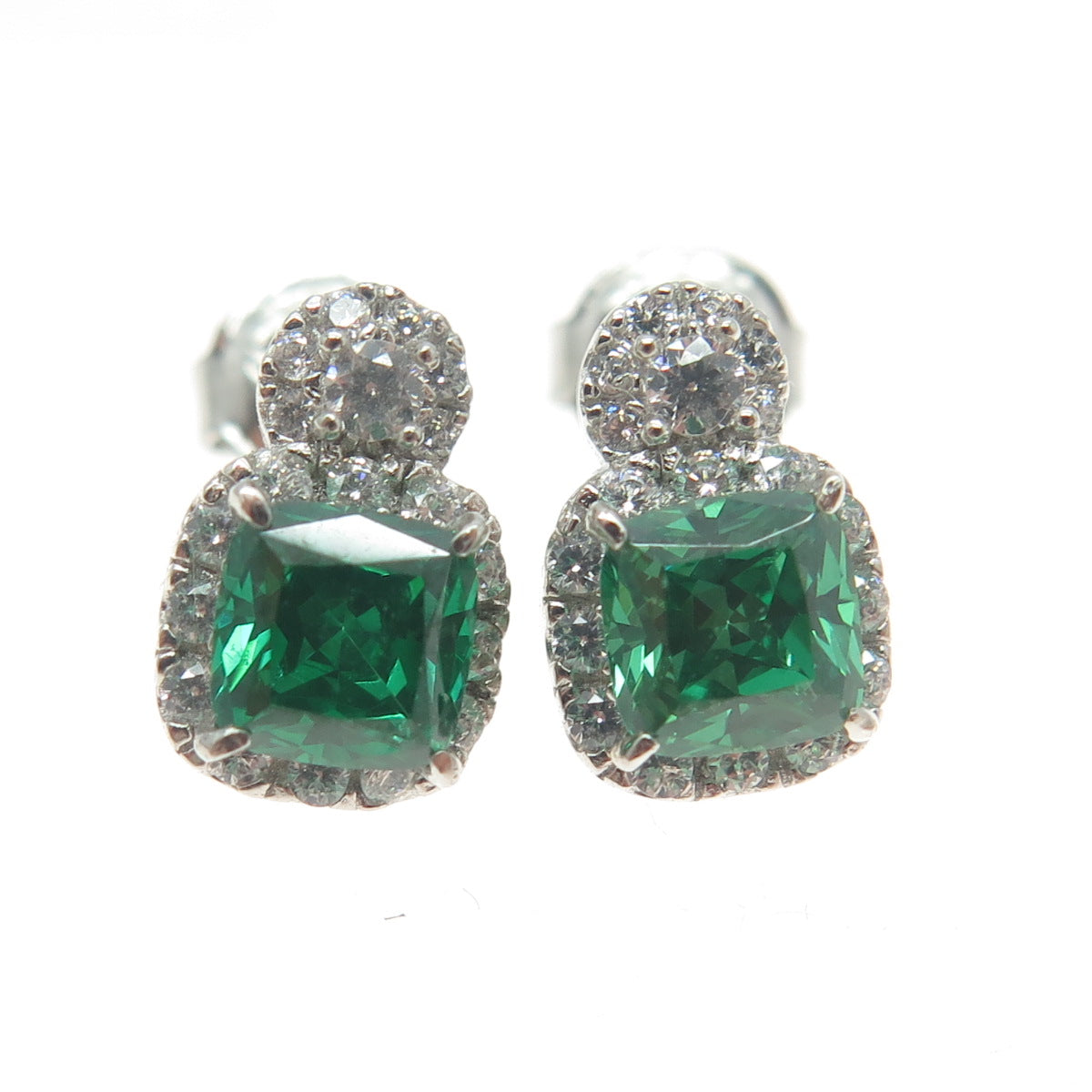 925 Sterling Silver Cushion-Cut Nano Emerald & Round-Cut C Z Earrings