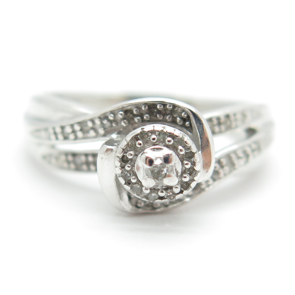 925 Sterling Silver Real Round-Cut Diamond Bypass Ring Size 7