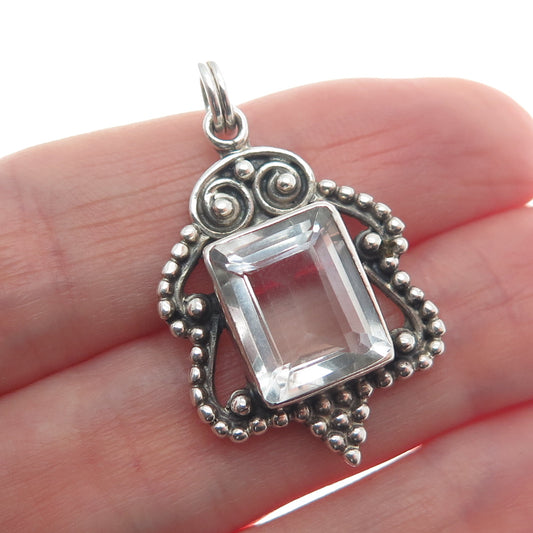 925 Sterling Silver Vintage Real White Topaz Gem Beaded Swirl Charm Pendant