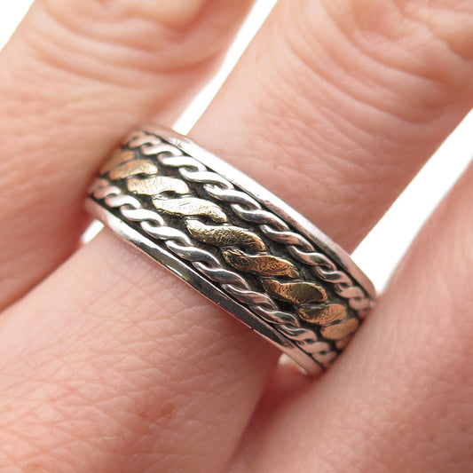 925 Sterling Silver 2-Tone Vintage Roped Oxidized Rotating Band Ring Size 11