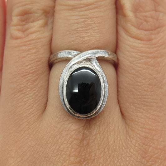 925 Sterling Silver Vintage Real Black Onyx Gemstone Modernist Ring Size 6.75