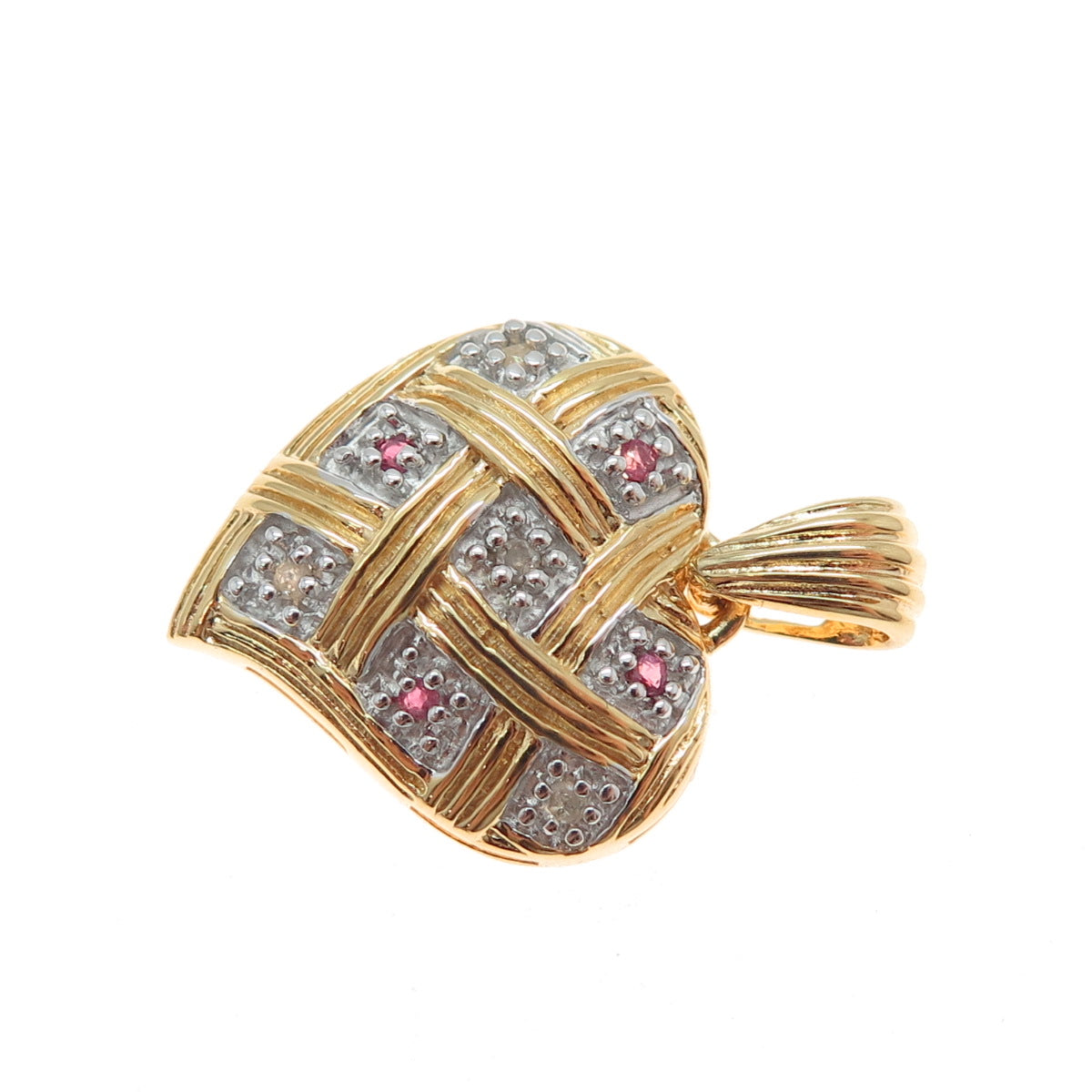 DBJ DEE BERKLE 925 Sterling Silver Gold Plated Real Diamond & Ruby Heart Pendant