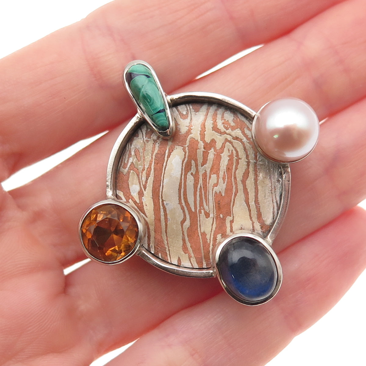 950 Silver 14K Gold Mokume Gane Vintage Real Pearl & Multi-Gem Slide Pendant