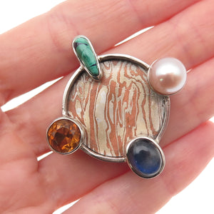 950 Silver 14K Gold Mokume Gane Vintage Real Pearl & Multi-Gem Slide Pendant