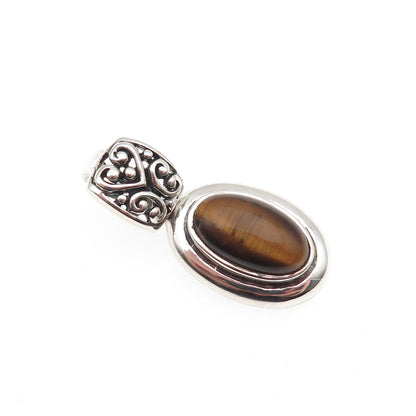SX Sally C 925 Sterling Silver Vintage Real Tiger Eye Oxidized Charm Pendant
