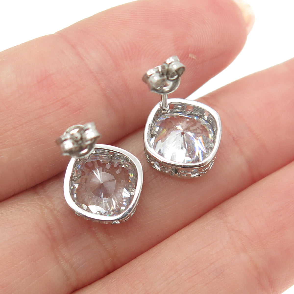 925 Sterling Silver Cushion-Cut C Z Stud Earrings