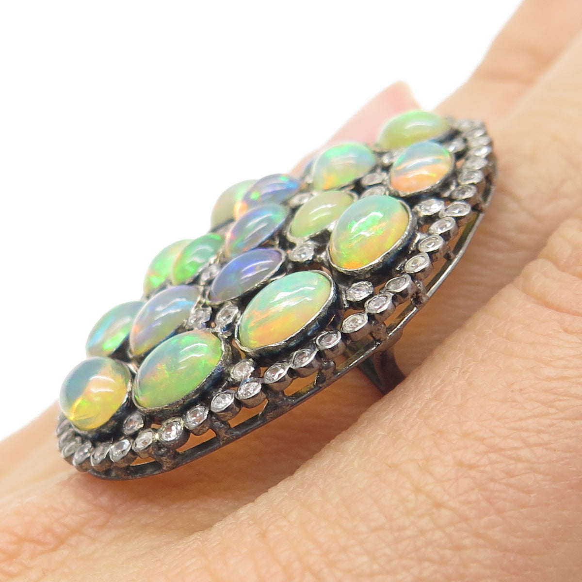 925 Sterling Silver Black Rhodium Real Opal & White Topaz Cluster Ring Size 6.75