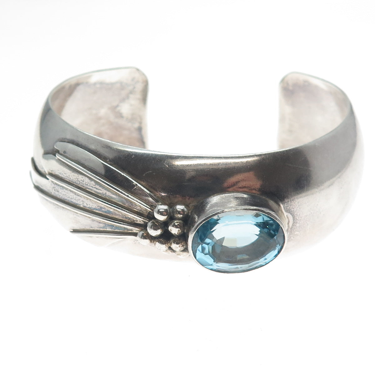 925 Sterling Silver Vintage Real Blue Topaz Modernist Adjustable Bracelet 6.25"