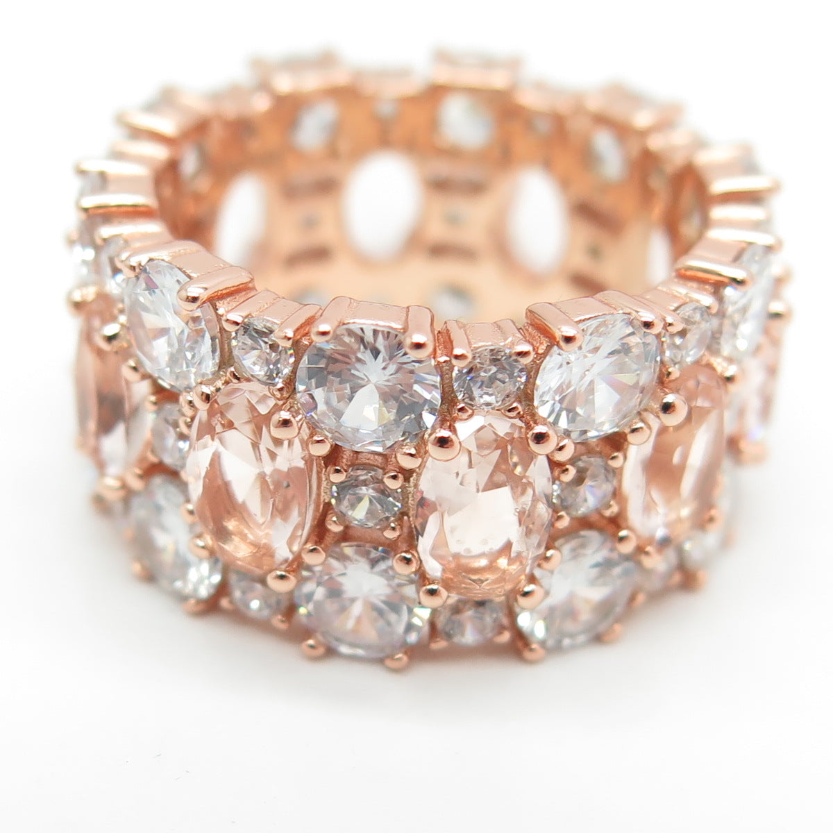 925 Sterling Silver Rose Gold Plated Real Morganite & C Z Wide Band Ring Size 7