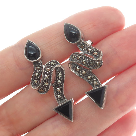 925 Sterling Silver Vintage Real Black Onyx & Marcasite Oxidized Ribbon Earrings