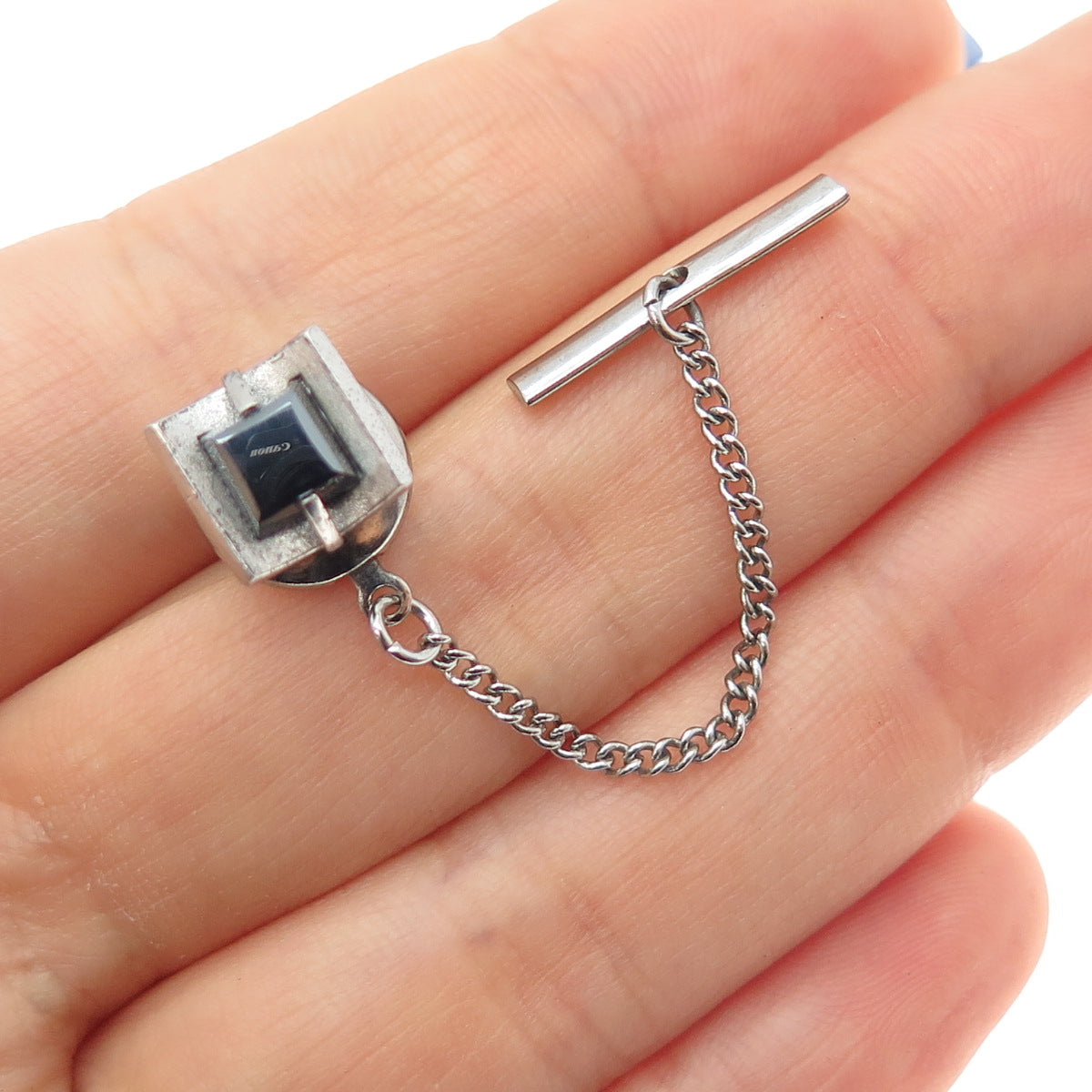 CROWN 925 Sterling Silver Vintage Real Hematite Safety Chain Tie Tack Lapel Pin