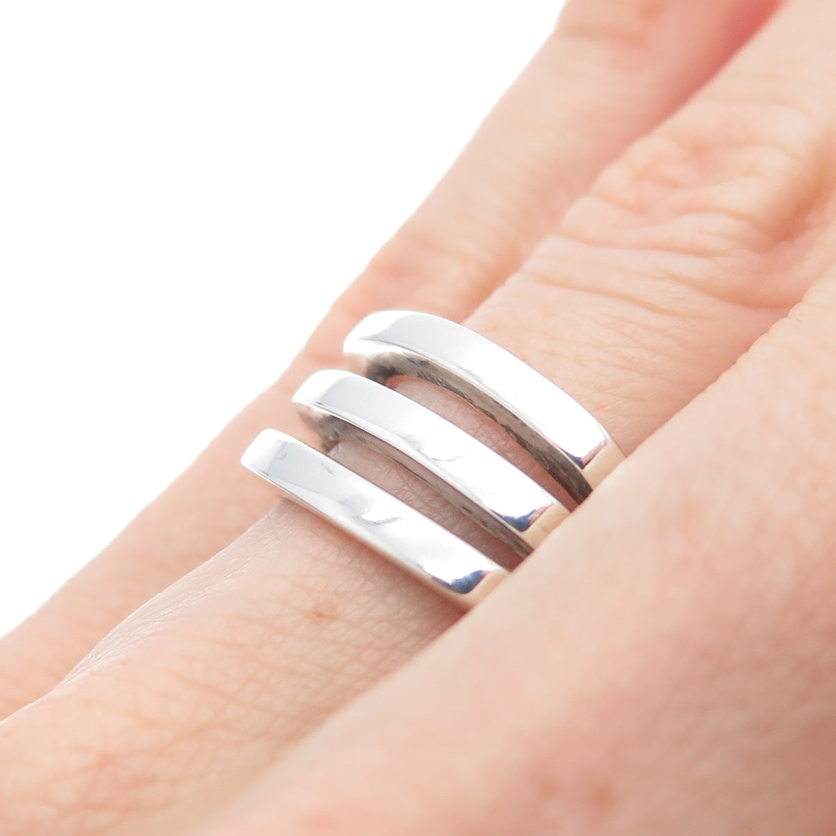 925 Sterling Silver Vintage Modernist 3-Row Ring Size 7