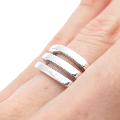925 Sterling Silver Vintage Modernist 3-Row Ring Size 7