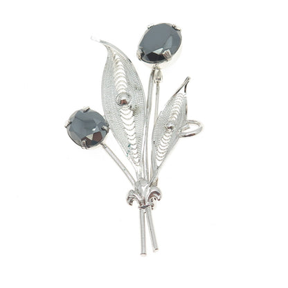SORRENTO 925 Sterling Silver Antique Real Hematite Gem Floral Filigree Brooch