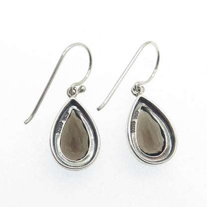 925 Sterling Silver Vintage Real Pear-Cut Smoky Quartz Dangle Earrings