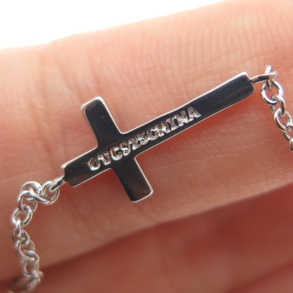 925 Sterling Silver Cross Station Cable Link Bracelet 7.25-8.25"