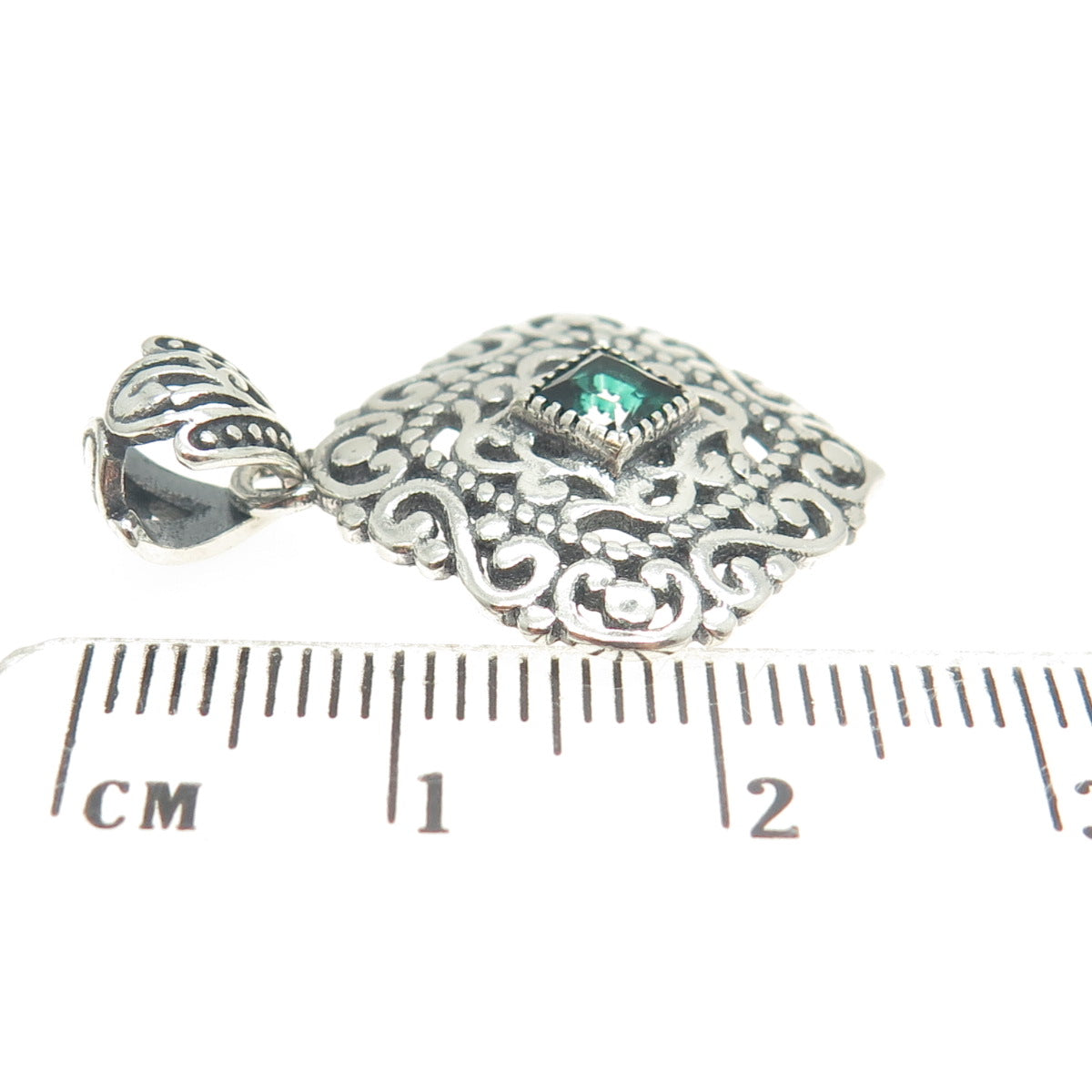 BERIA 925 Sterling Silver Princess-Cut Rhinestone Ornate Square Pendant