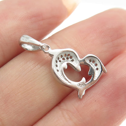 925 Sterling Silver Round-Cut Shaped C Z Couple of Dolphins Heart Pendant