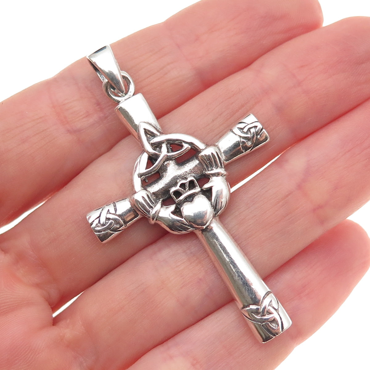 925 Sterling Silver Vintage Irish Claddagh Celtic Cross Oxidized Charm Pendant