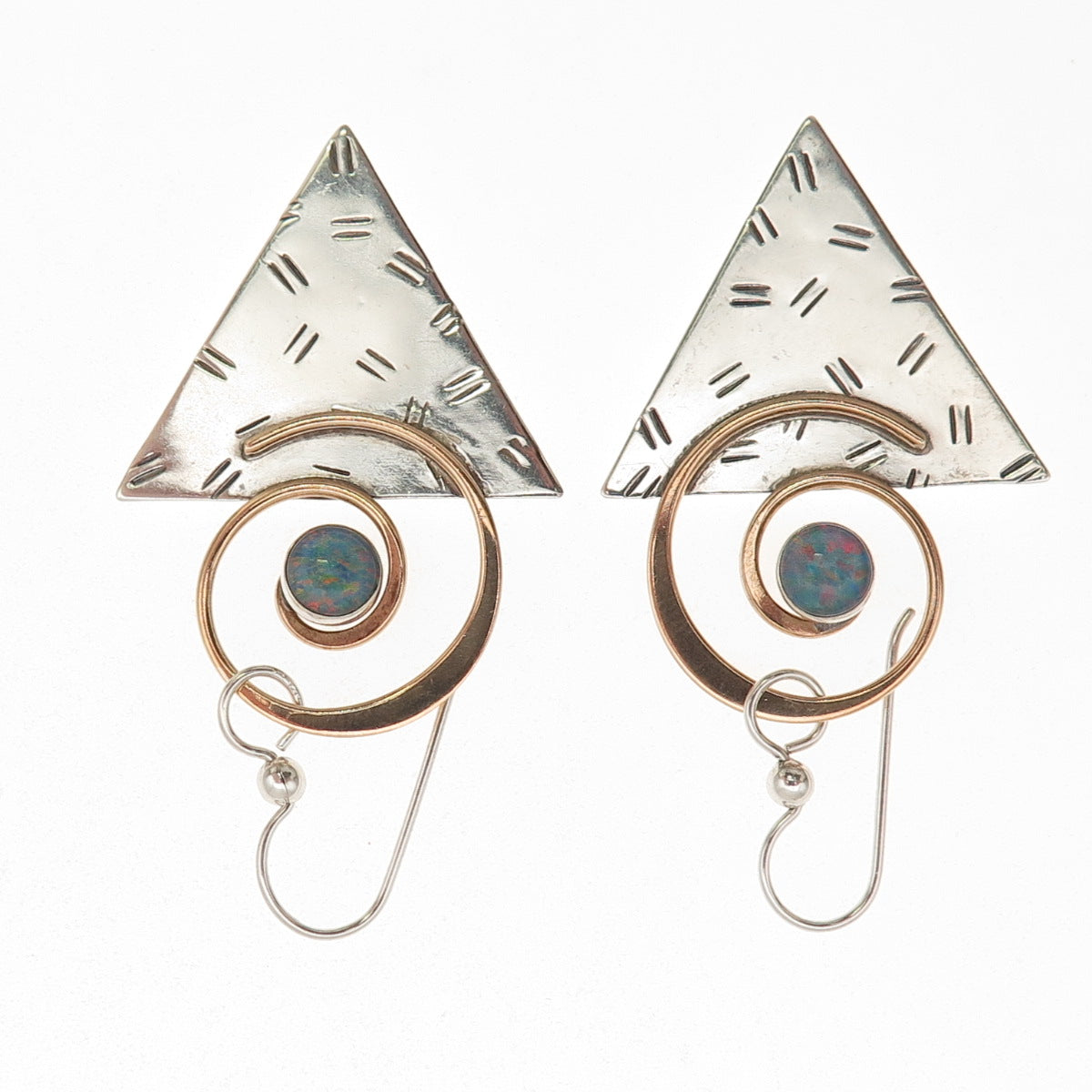 925 Sterling Silver 2-Tone Vintage Real Opal Modernist Dangle Earrings
