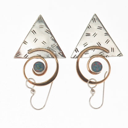 925 Sterling Silver 2-Tone Vintage Real Opal Modernist Dangle Earrings