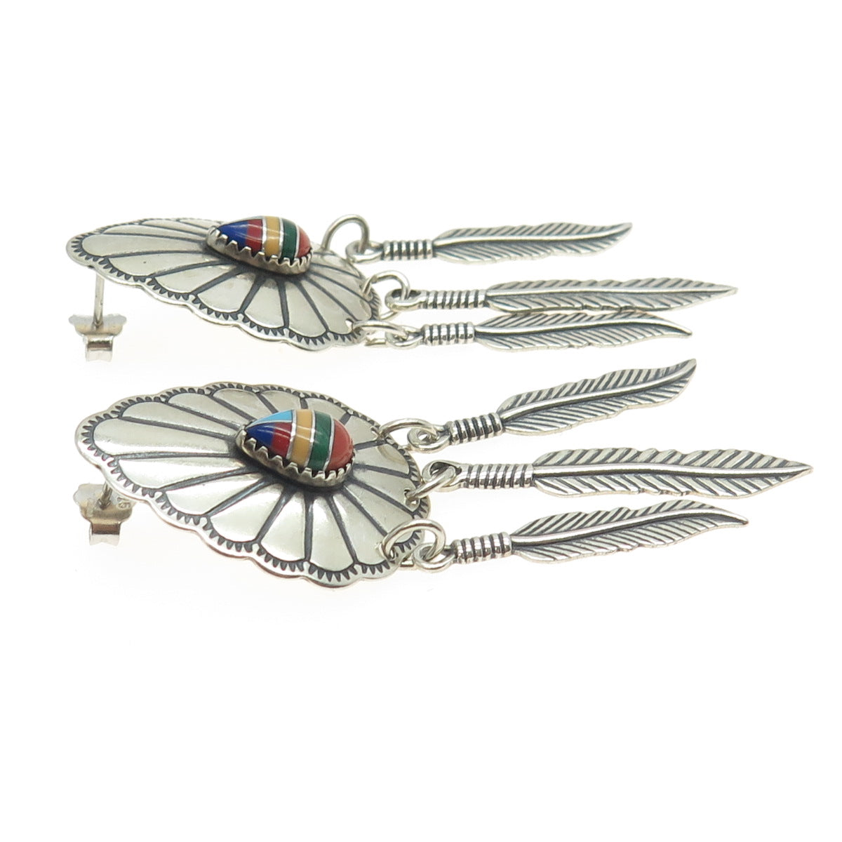 WHEELER MFG 925 Sterling Silver Vintage Southwestern Multi-Gem Feather Earrings