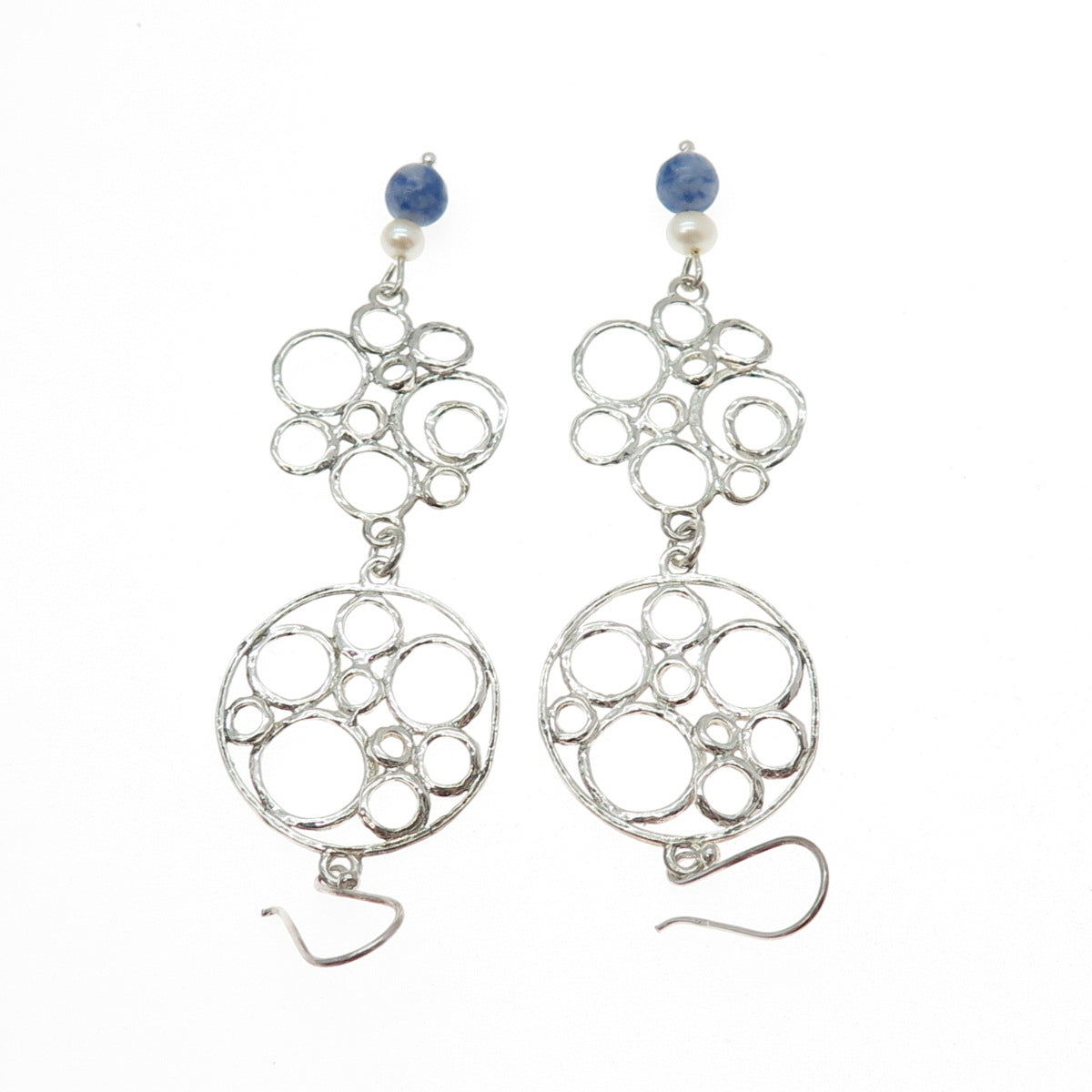 925 Sterling Silver Vintage Real Pearl Sodalite Modernist Circle Dangle Earrings