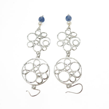 925 Sterling Silver Vintage Real Pearl Sodalite Modernist Circle Dangle Earrings
