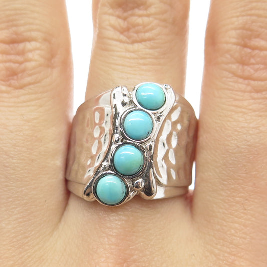 925 Sterling Silver Real Turquoise Gemstone Hammered Finish Ring Size 6.5