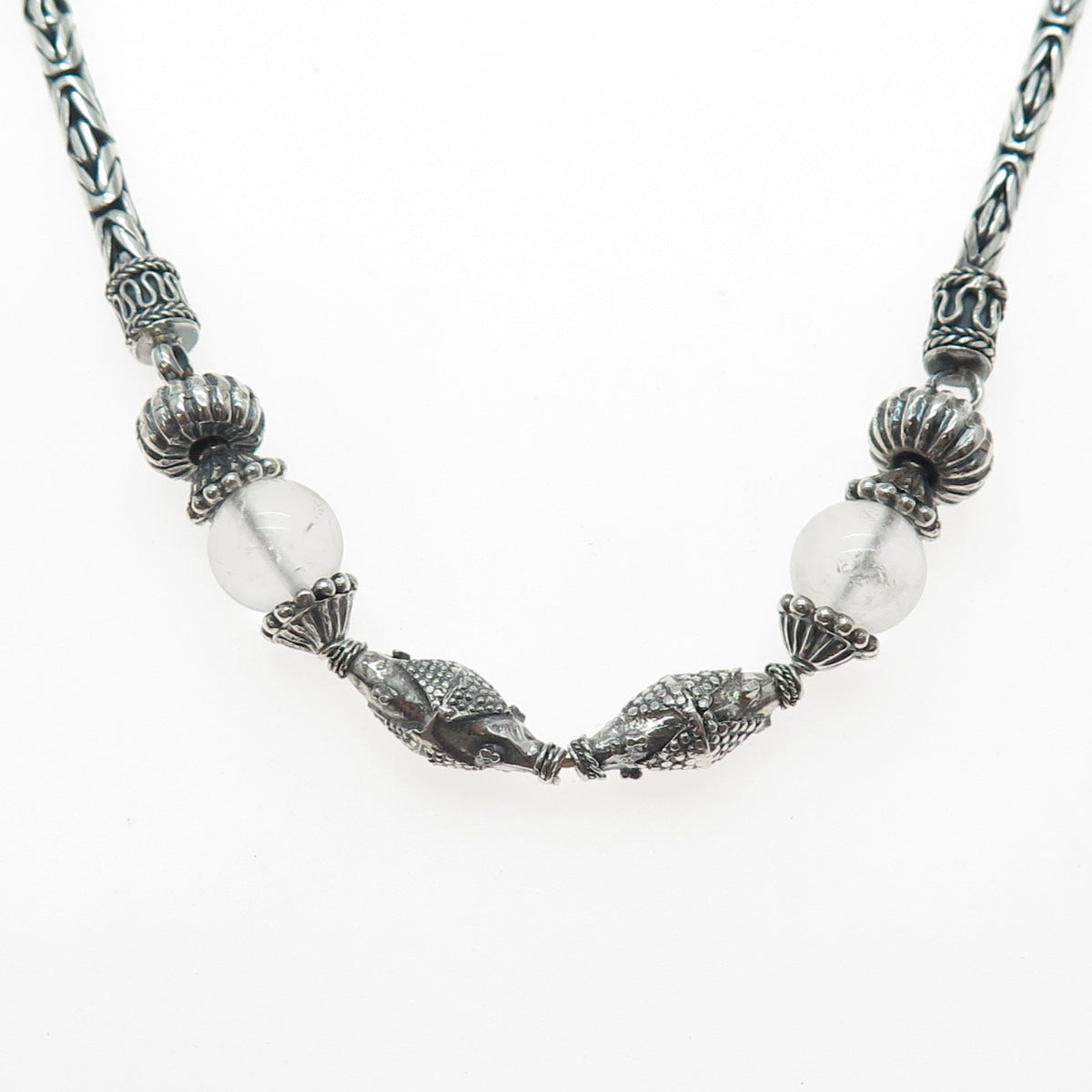 925 Sterling Silver Vintage Clear Crystal Oxidized Byzantine Chain Necklace 18"