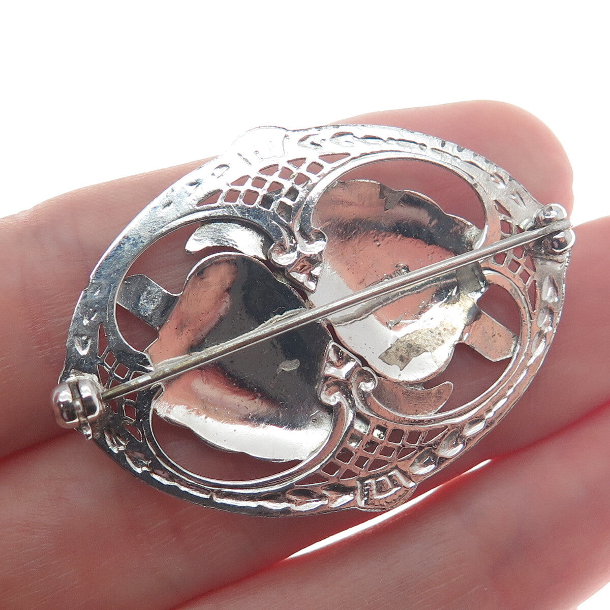 925 Sterling Silver Antique Art Deco Real Marcasite Gem Floral Leaf Pin Brooch