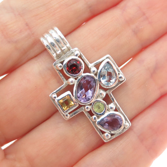 CFJ Collins Fine 925 Sterling Silver Vintage Real Multi-Color Gem Cross Pendant