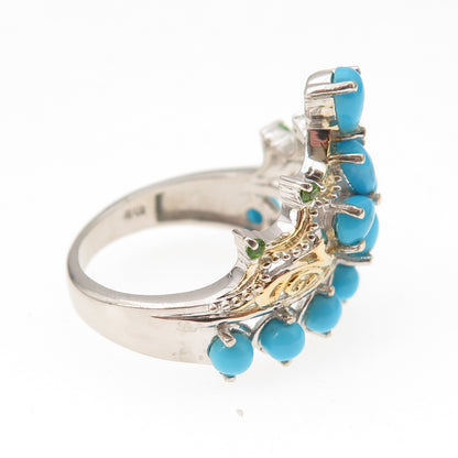 Chuck Clemency 925 Sterling 2-Tone Real Turquoise & Peridot Tiara Ring Size 8
