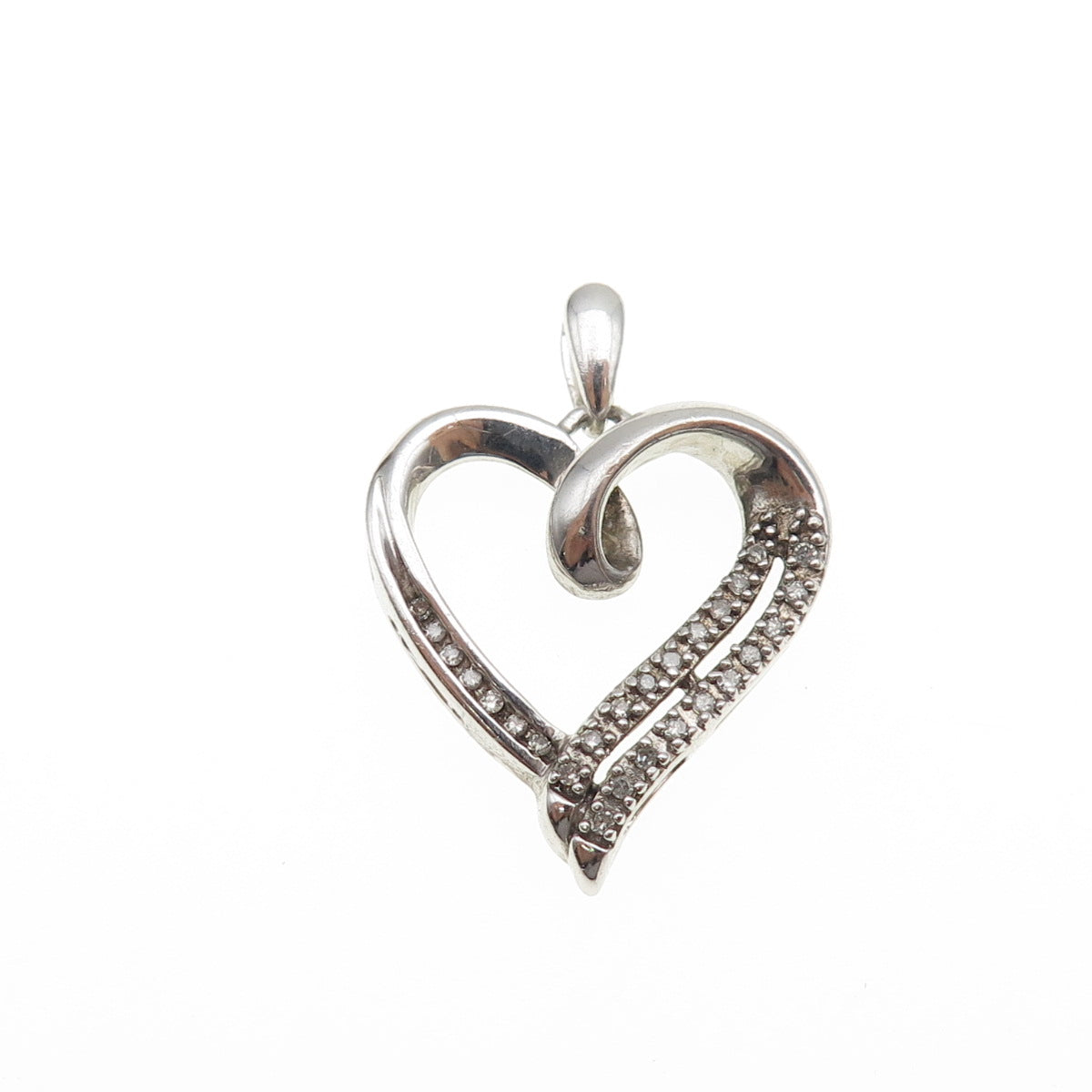 925 Sterling Silver Real Round-Cut Diamond Heart Charm Pendant