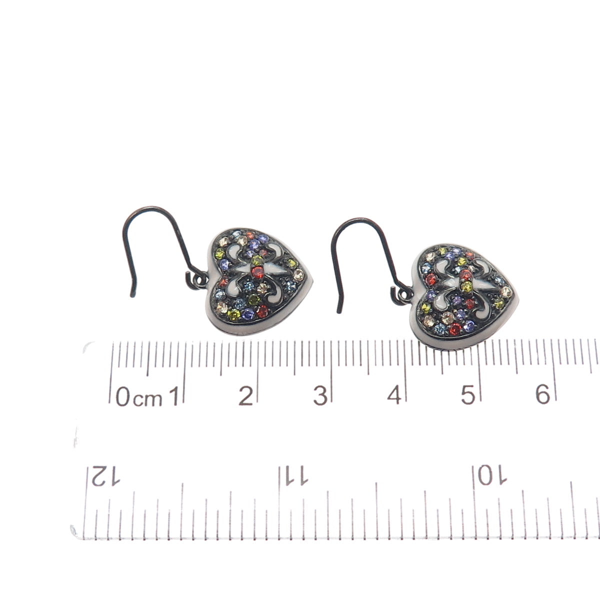 925 Sterling Silver Black Rhodium Enamel Multi-Color C Z Heart Dangle Earrings