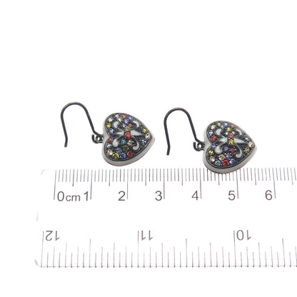 925 Sterling Silver Black Rhodium Enamel Multi-Color C Z Heart Dangle Earrings