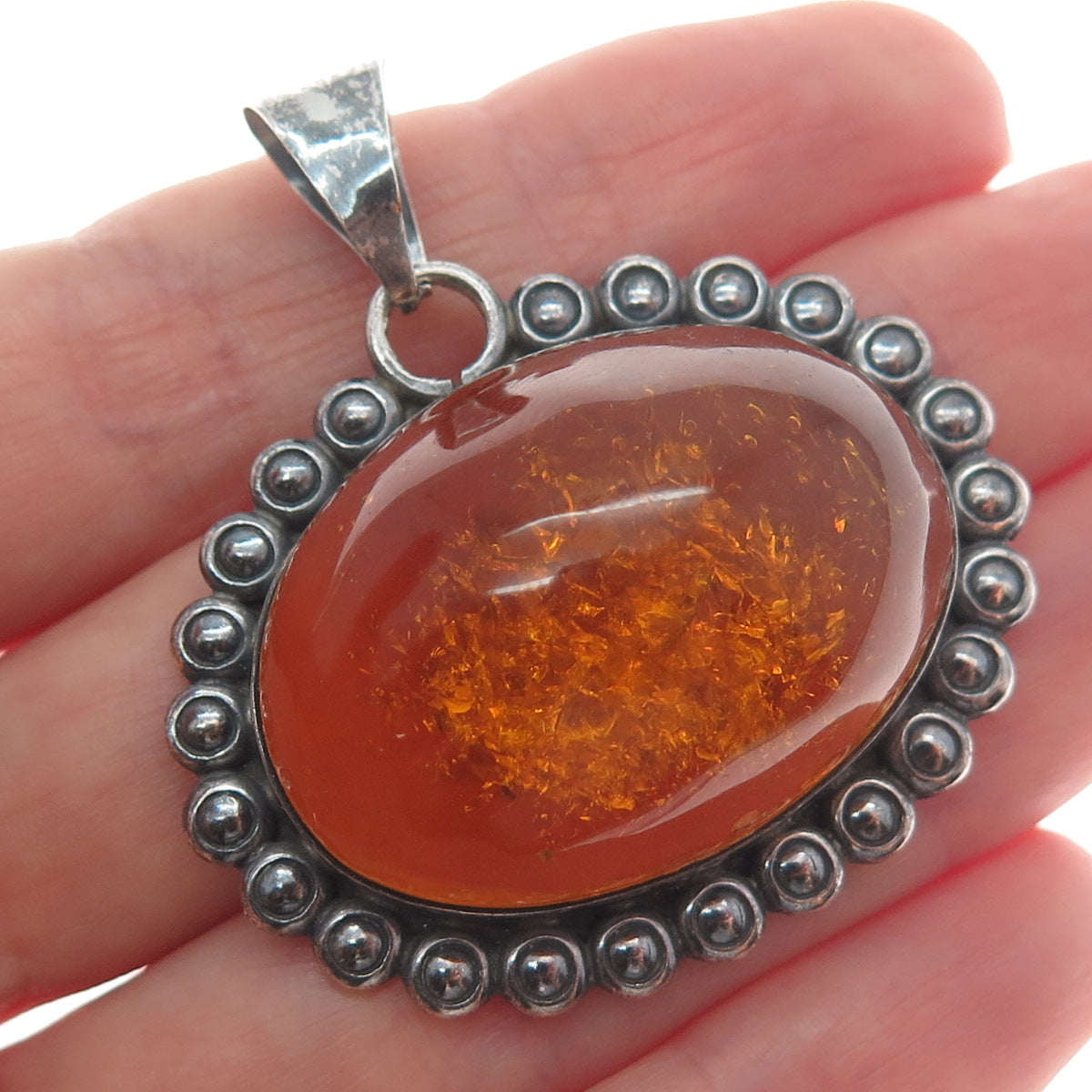 925 Sterling Silver Vintage Mexico Real Amber Beaded Oxidized Pendant
