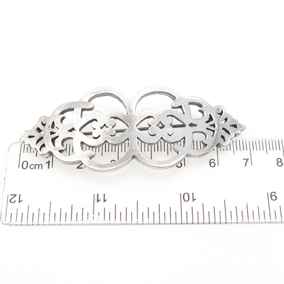 925 Sterling Silver Vintage Modernist Orante Floral Oxidized Pin Brooch