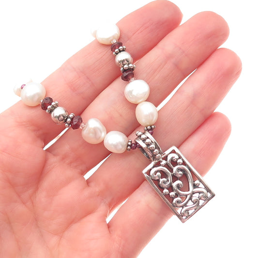 925 Sterling Silver Vintage Real Baroque Pearl Red Garnet Beaded Necklace 16-18"