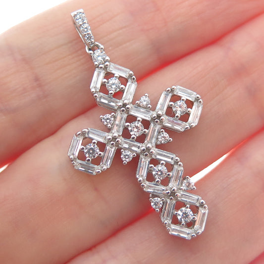 DSMK 925 Sterling Silver Baguette & Round-Cut C Z Cross Pendant