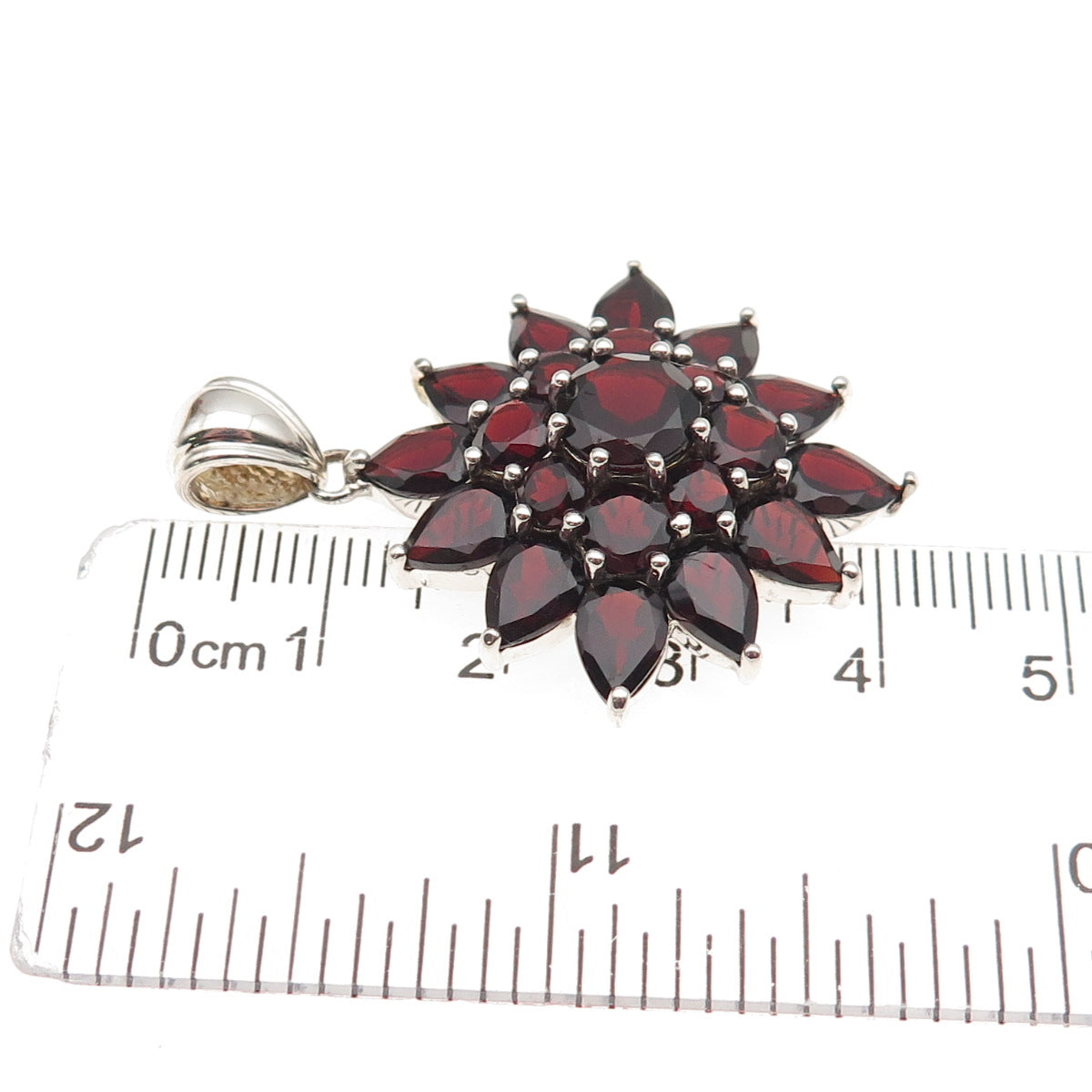 925 Sterling Silver Vintage Real Red Garnet Floral Charm Pendant