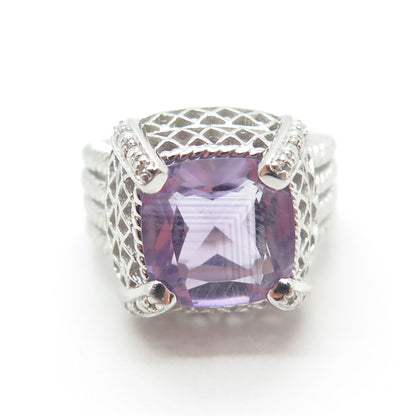 925 Sterling Silver Real Cushion-Cut Amethyst & White Topaz Ring Size 7