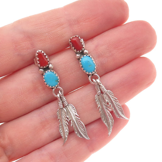 Old Pawn 925 Sterling Silver Vintage Turquoise & Coral Feather Dangle Earrings